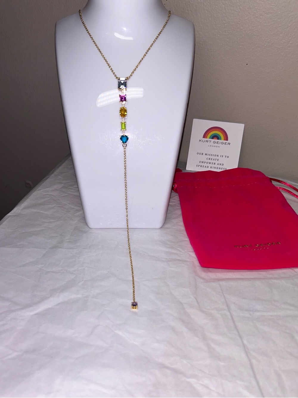 Kurt Geiger London Rainbow Mix dainty-drop multi colored Y drop necklace NWT